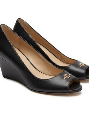 Coach Black Leather Peep Toe Wedge Heels Gold Badge Women’s Sz 7B